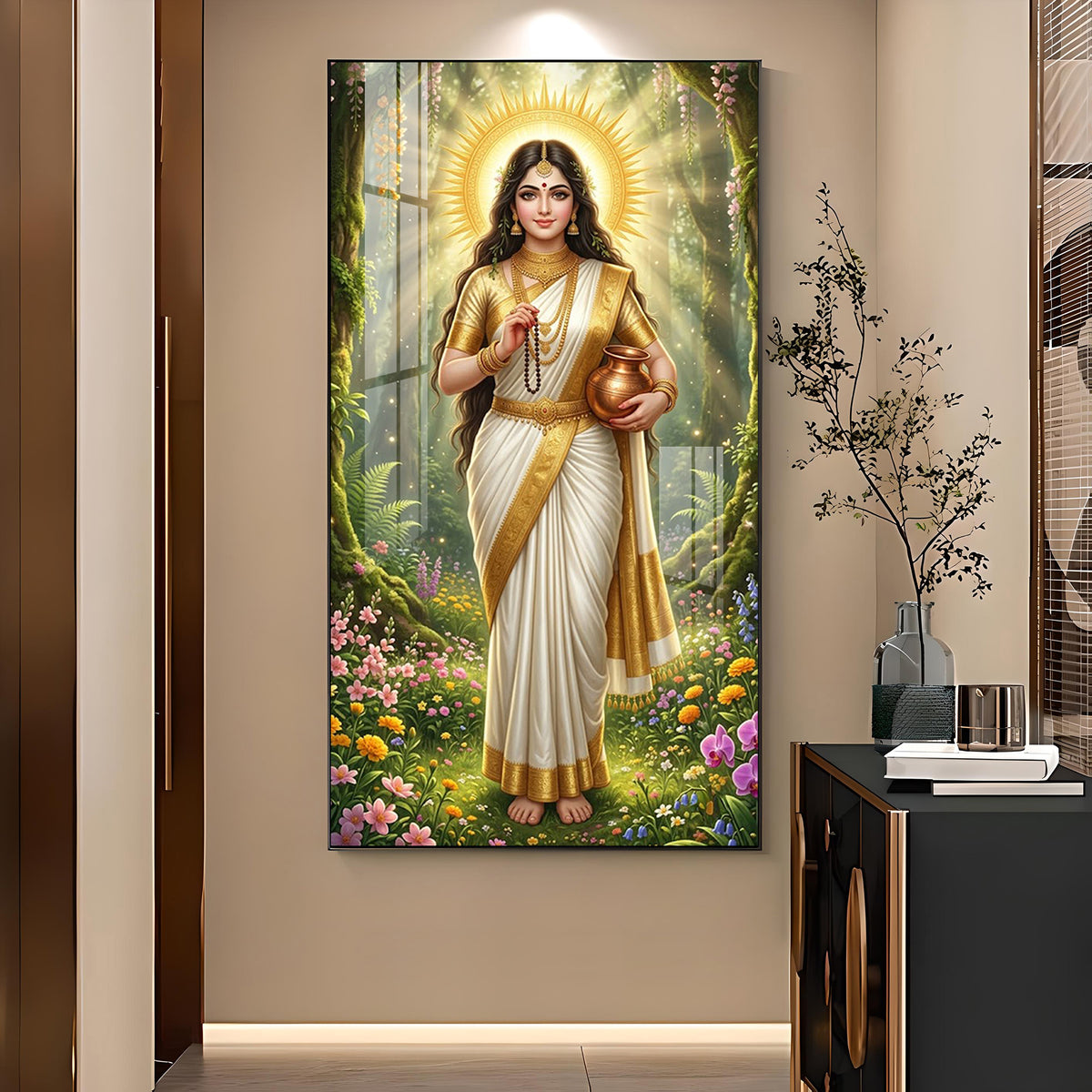 Divine Goddess Brahmacharini Glass Finish Vertical Wall Art