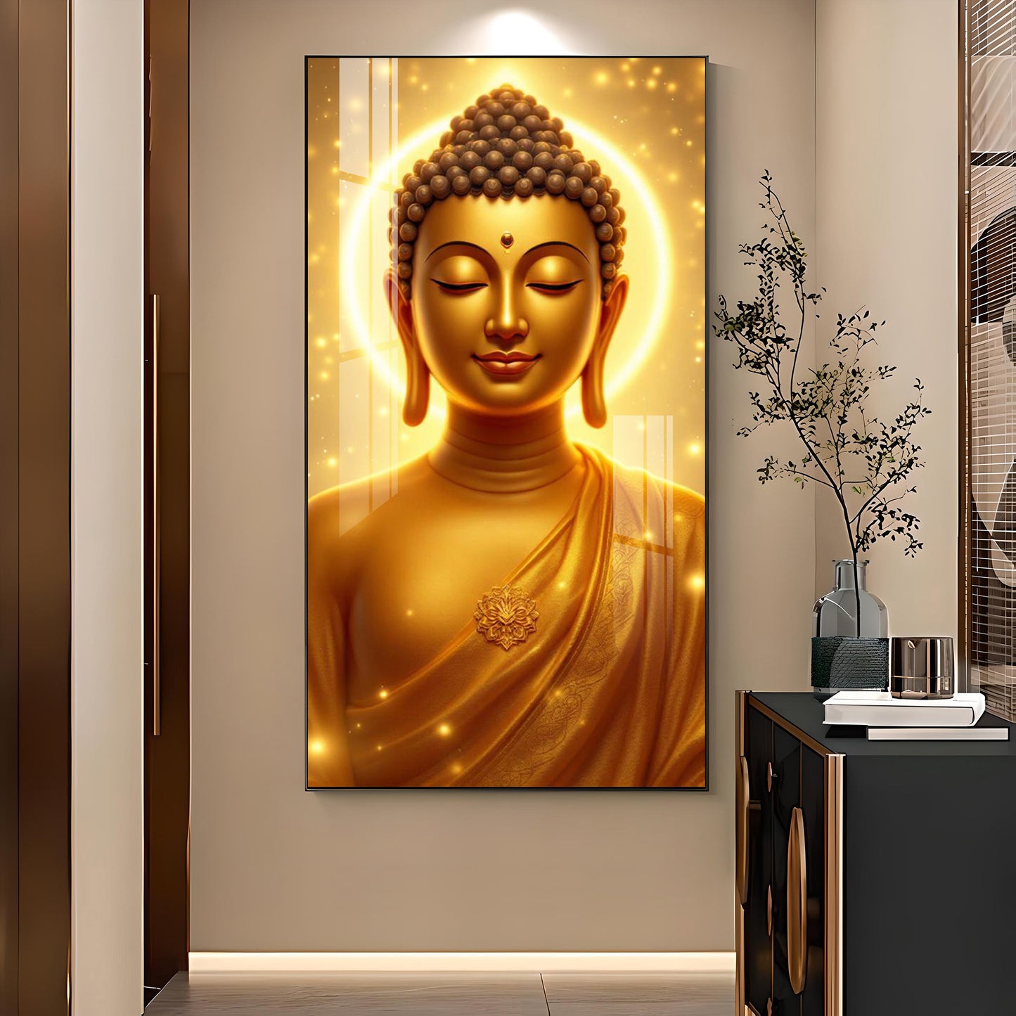 Golden Meditating Buddha Glass Finish Vertical Wall Art