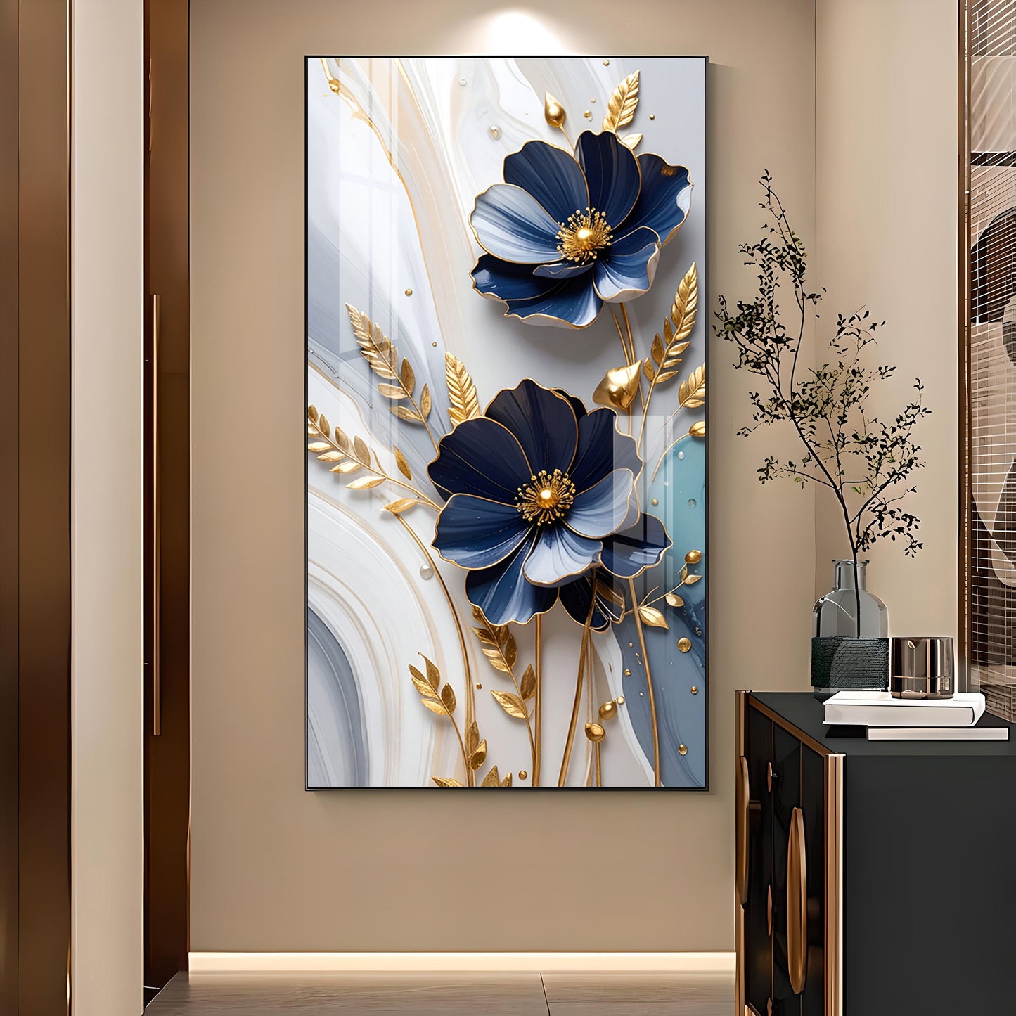 Blue Petal Luxe Flower Glass Finish Vertical Wall Art
