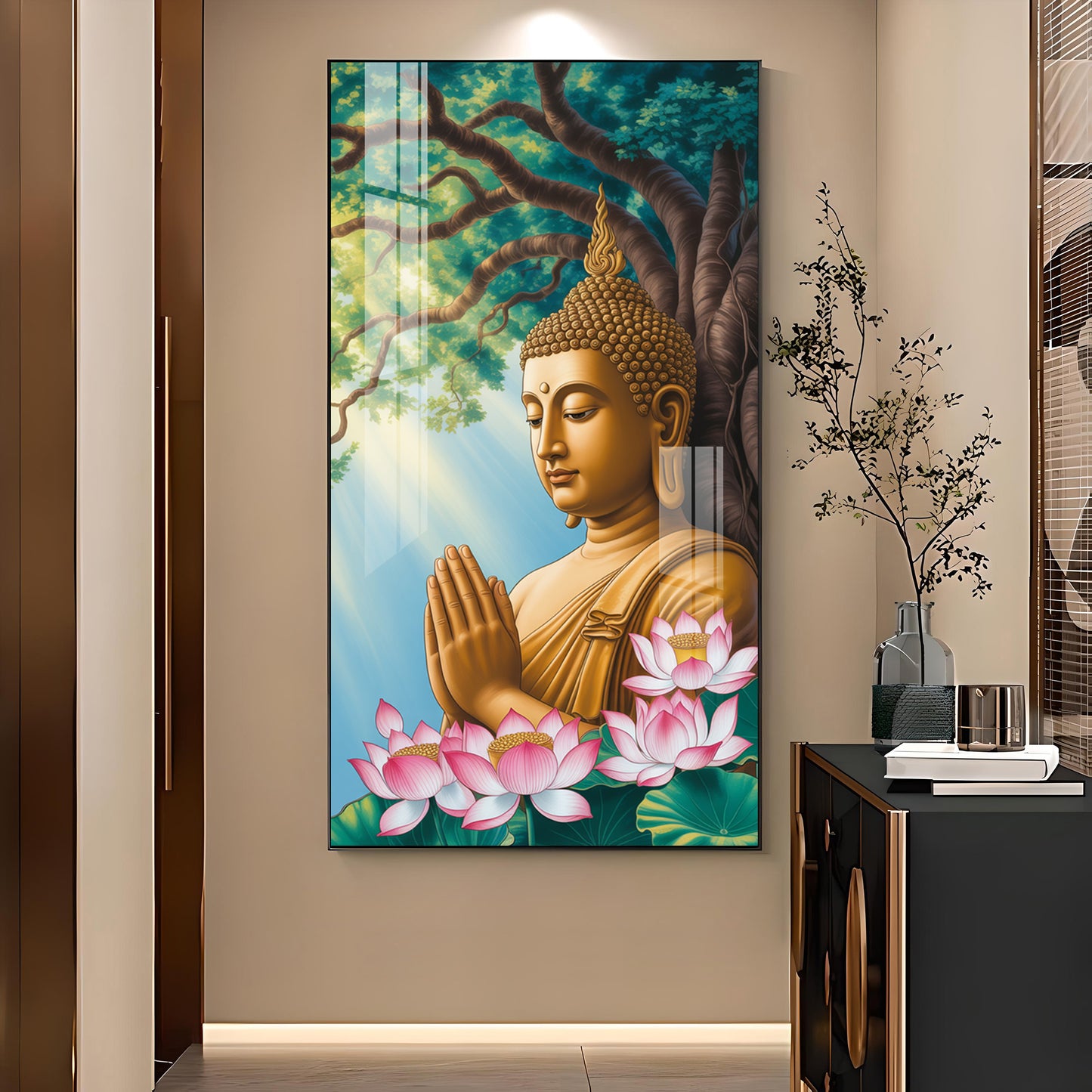 Religious Buddha Glass Finish Vertical Wall Art