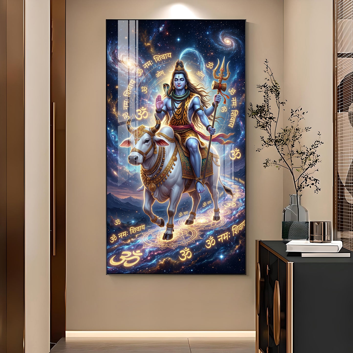 Lord Shiva With Nandi Glass Finish Vertical Wall Art