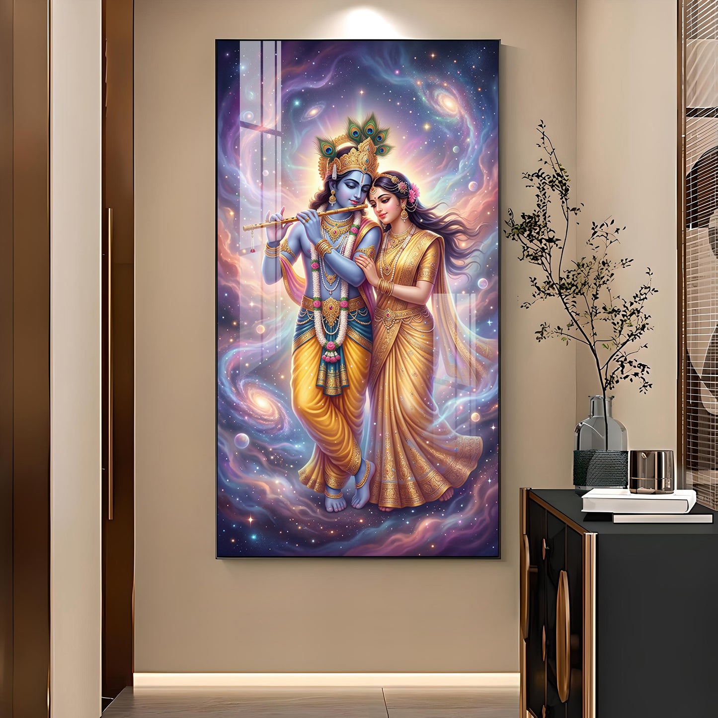 Divine Radhe Rani With Krishna Ji Glass Finish Vertical Wall Art