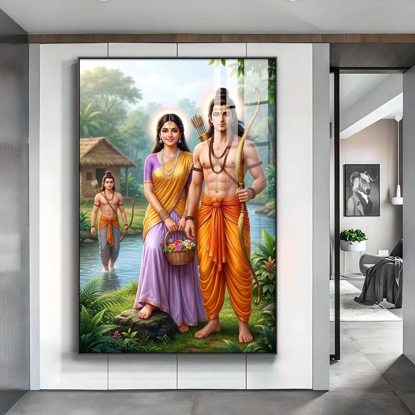 Lord Ram Siya With Lakshman Glass Finish Vertical Wall Art