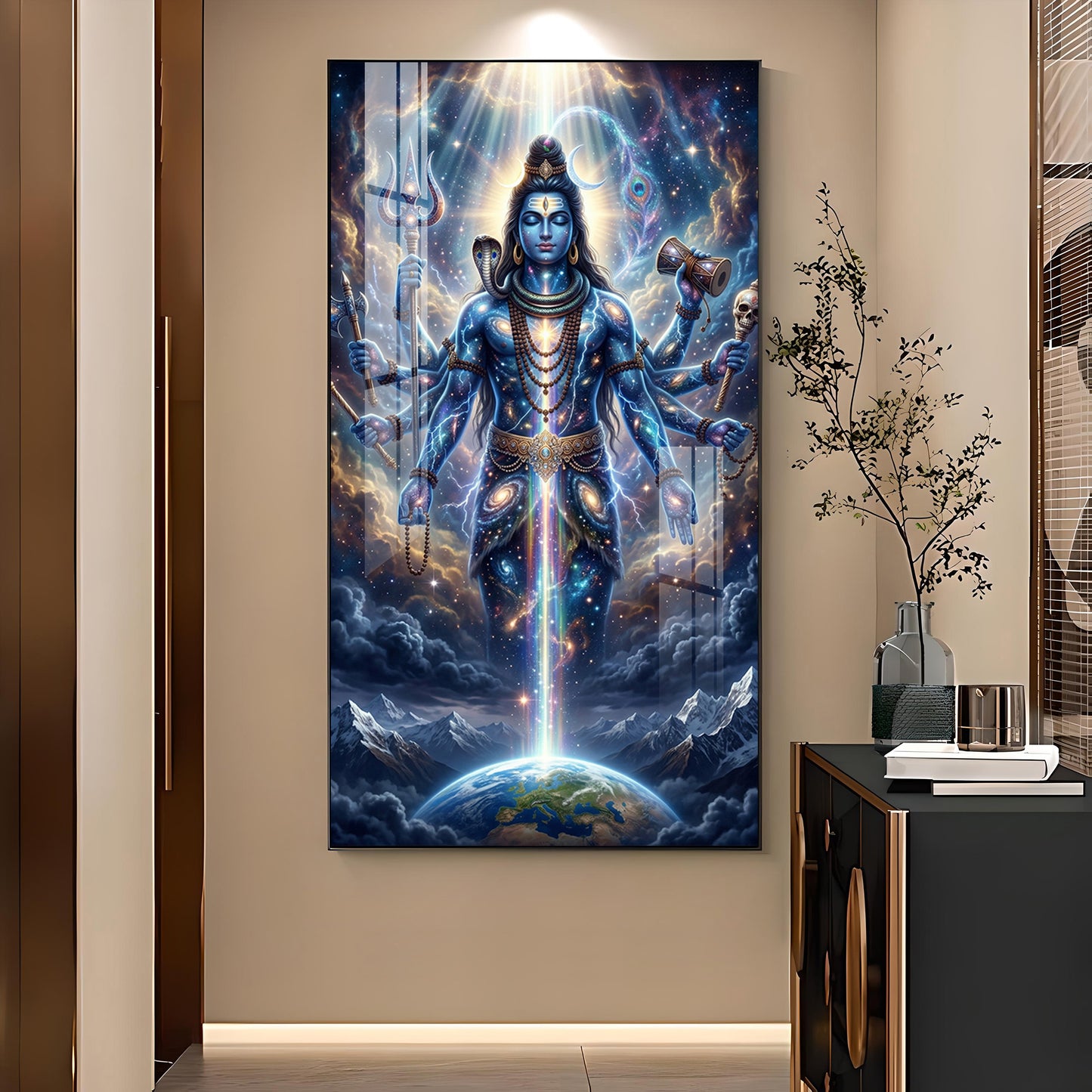 Lord Shiva and Cosmic Energy Glass Finish Vertical Wall Art