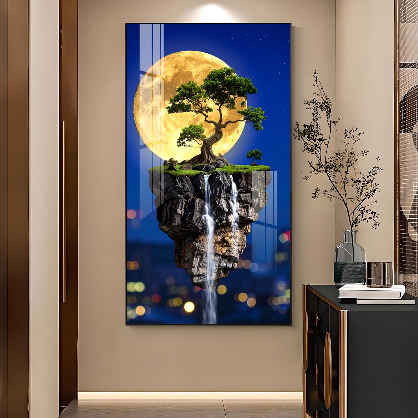 Dreamy Waterfall Escape Glass Finish Vertical Wall Art