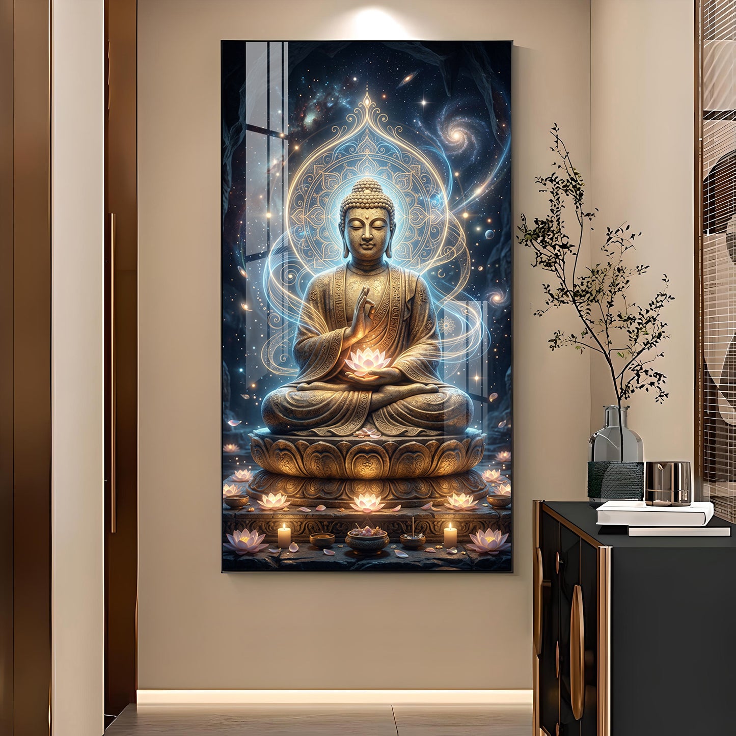 Meditating Buddha Glass Finish Vertical Wall Art