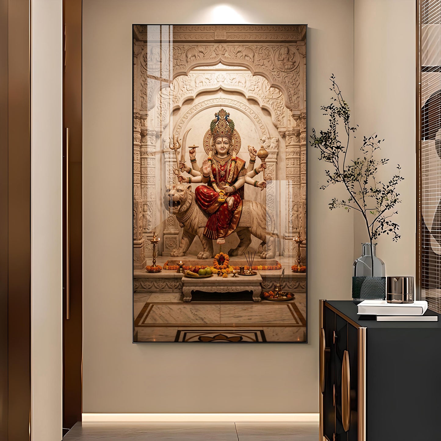 Hindu Goddess Durga Maa Glass Finish Vertical Wall Art