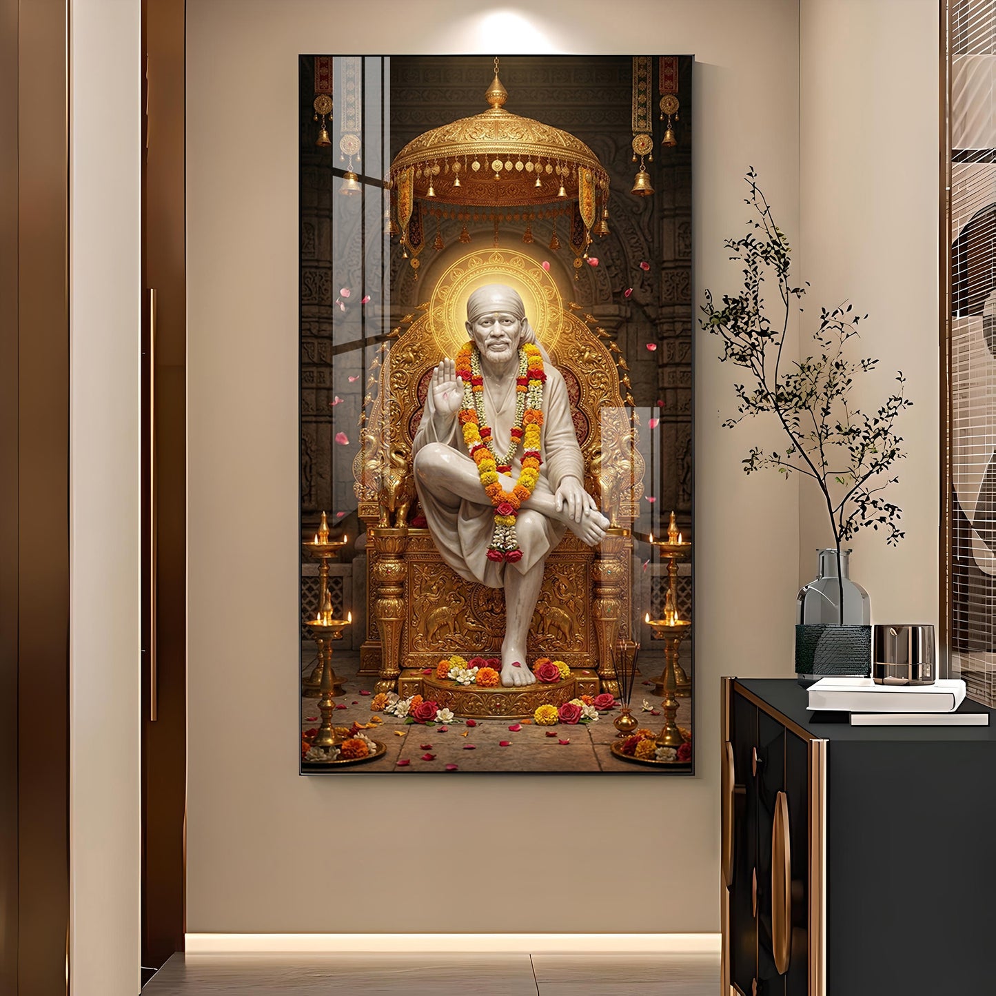 Sai Baba Darbar Glass Finish Vertical Wall Art