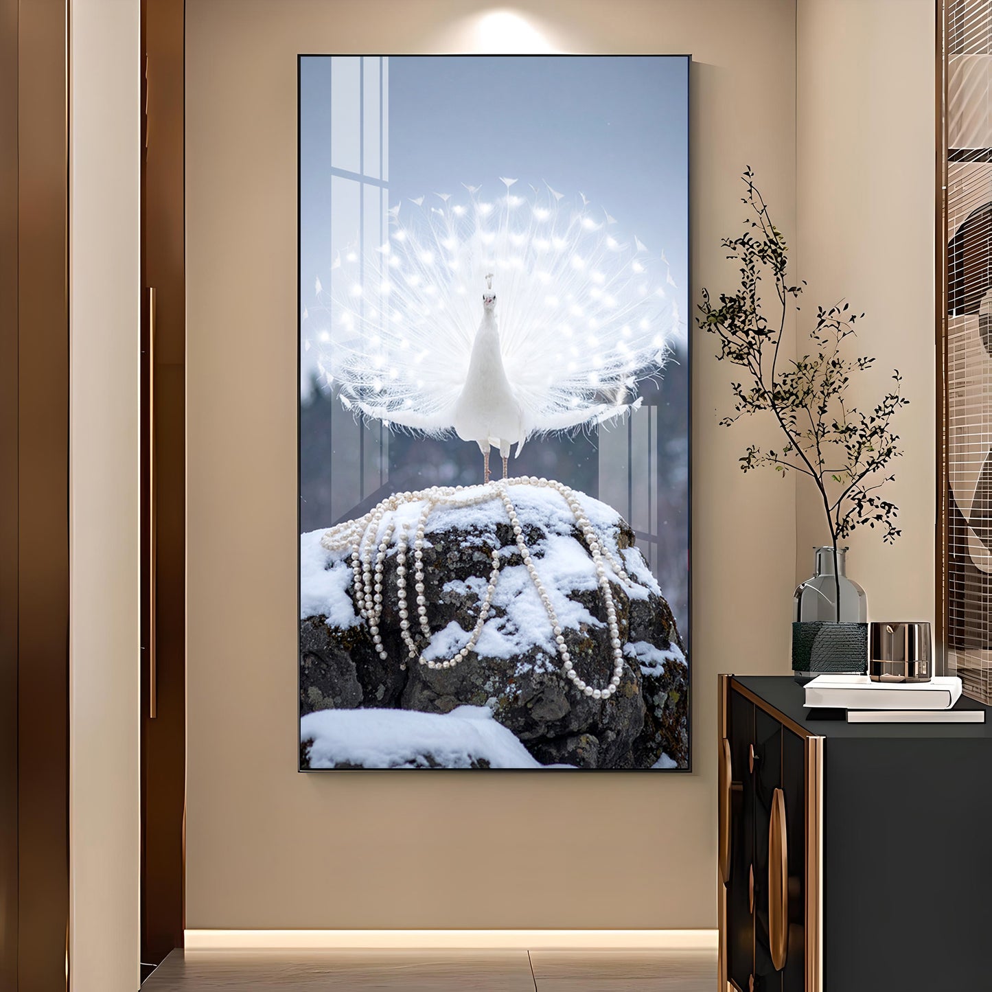 Dazzling Pearl Peacock Glass Finish Vertical Wall Art