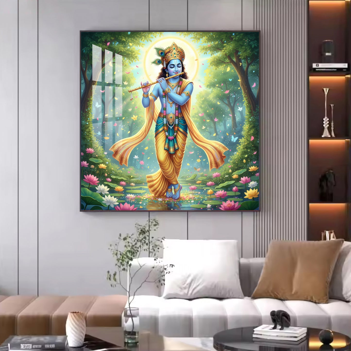 Lord Krishna With Blue Skin Glass Finish Square Wall Art