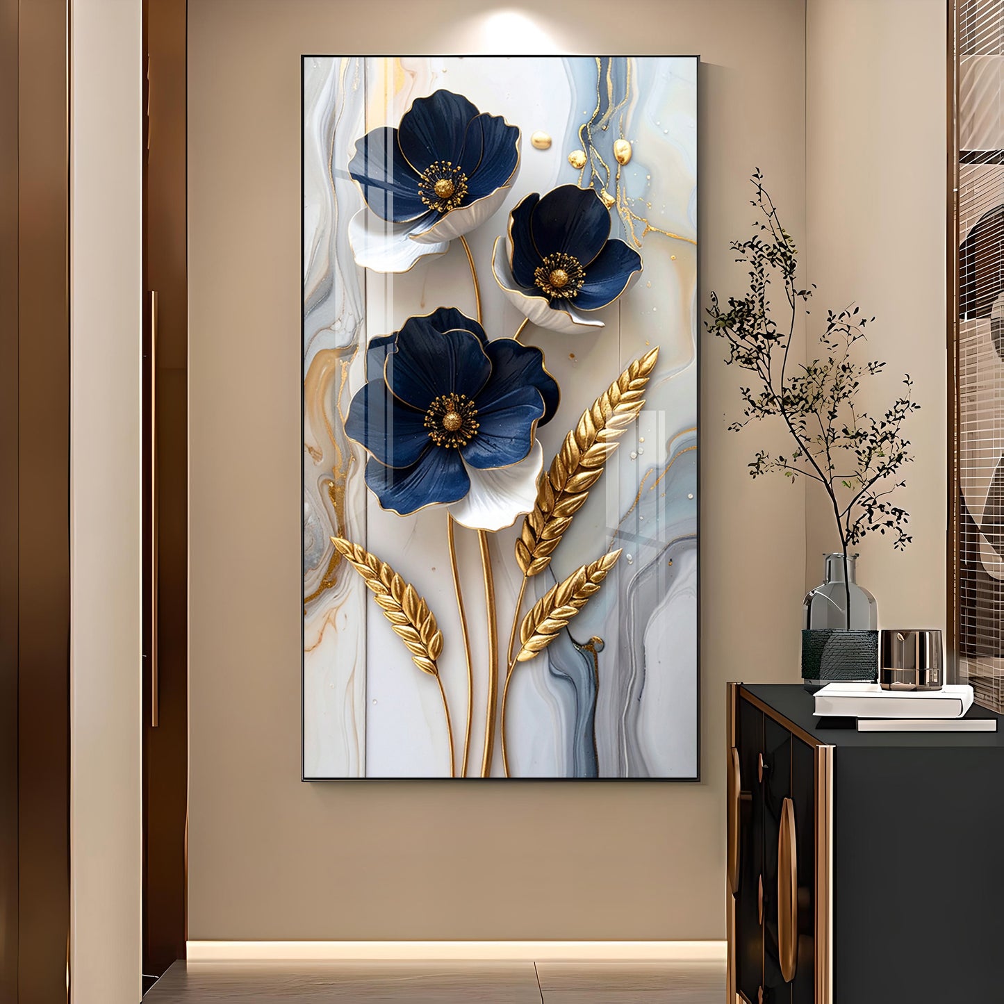 Blue & Gold Serenity Glass Finish Vertical Wall Art
