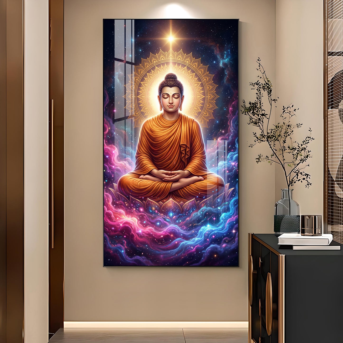 Lord Gautam Buddha Glass Finish Vertical Wall Art
