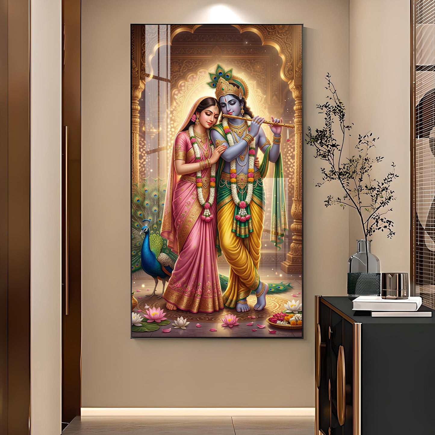 Eternal Bond of Radha Krishna Glass Finish Vertical Wall Art