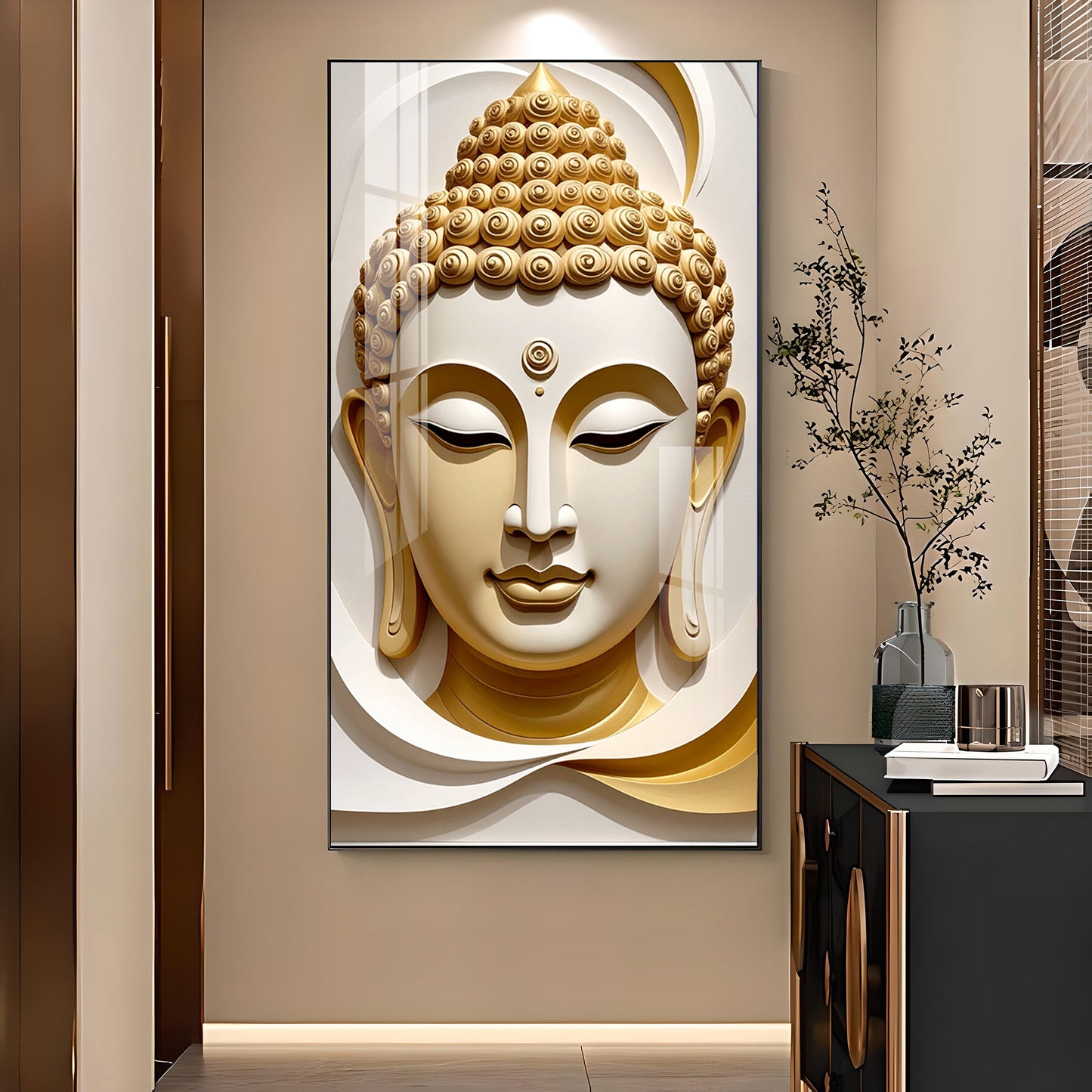 Divine Peace Buddha Glass Finish Vertical Wall Art