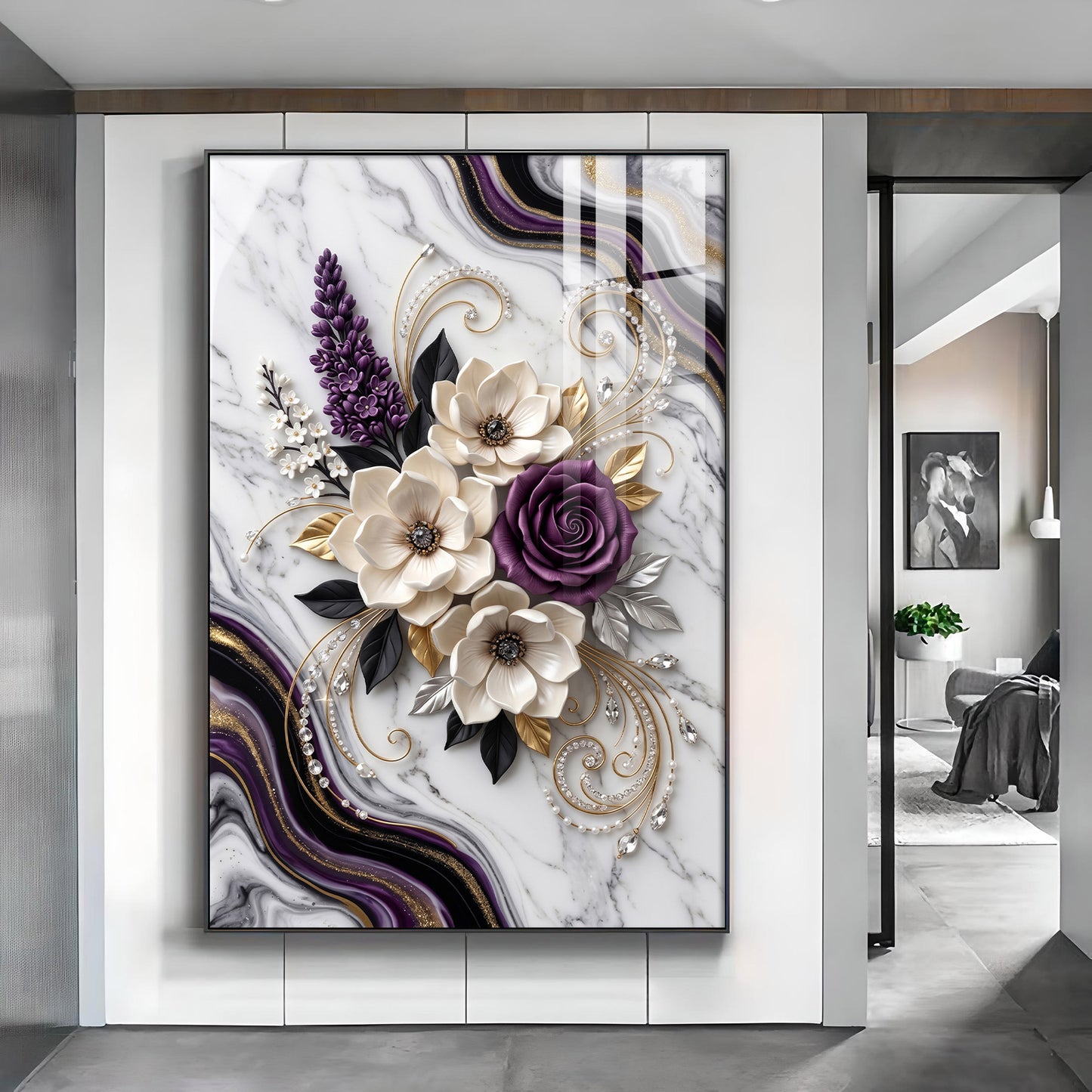 Beautiful Purple & White Flowers Glass Finish Vertical Wall Art