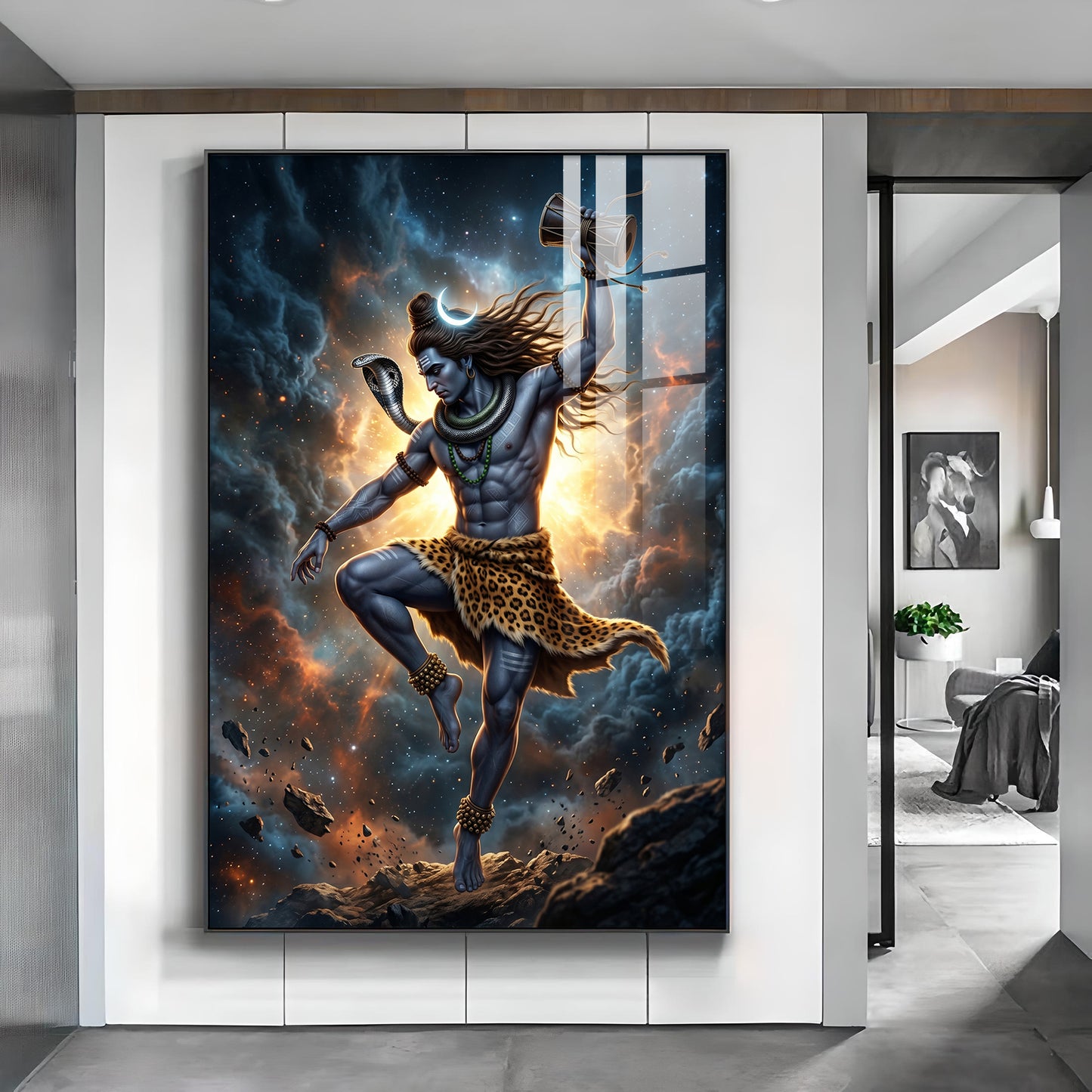 Mahadev In His Tandava Pose Glass Finish Vertical Wall Art