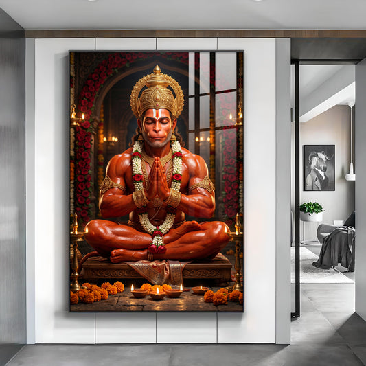 Lord Hanuman Glass Finish Vertical Wall Art