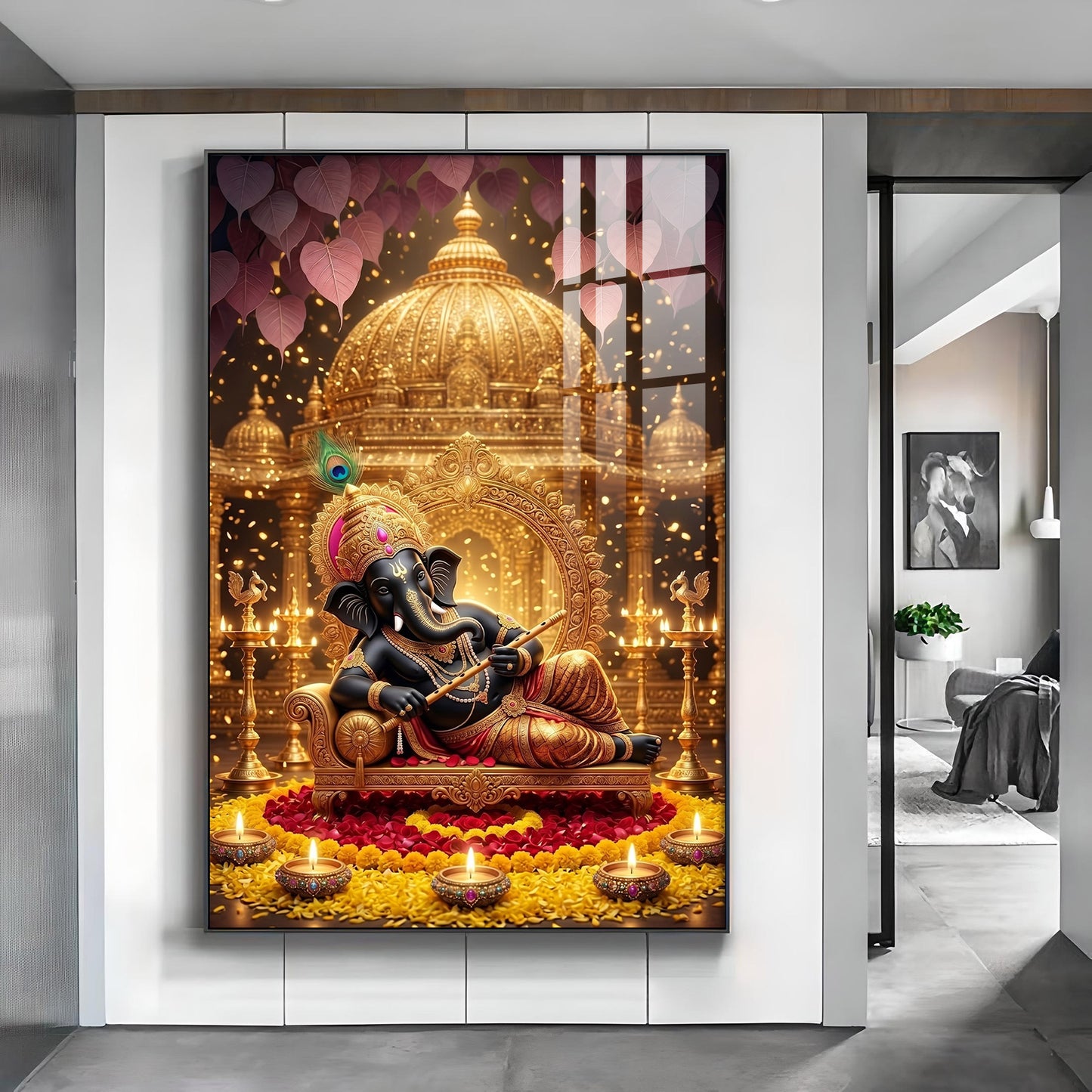 Lord Ganesha Holding A Flute Glass Finish Vertical Wall Art