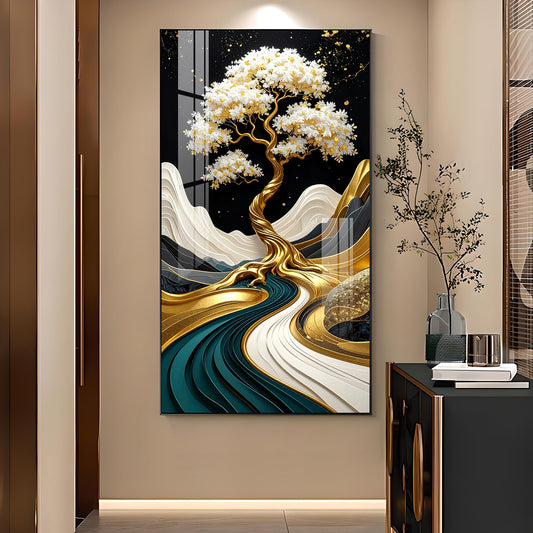 Golden Serenity Tree Glass Finish Vertical Wall Art