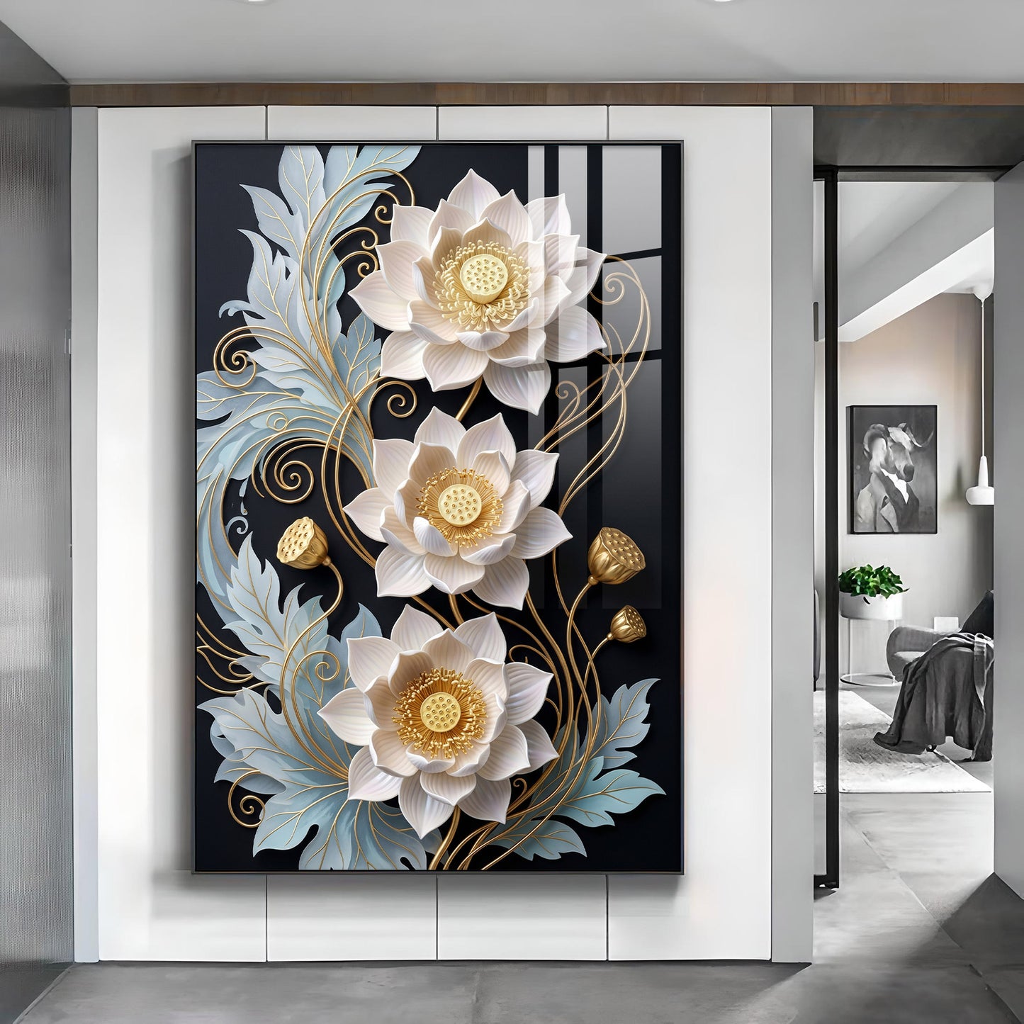 White Lotus With Golden Accents Glass Finish Vertical Wall Art