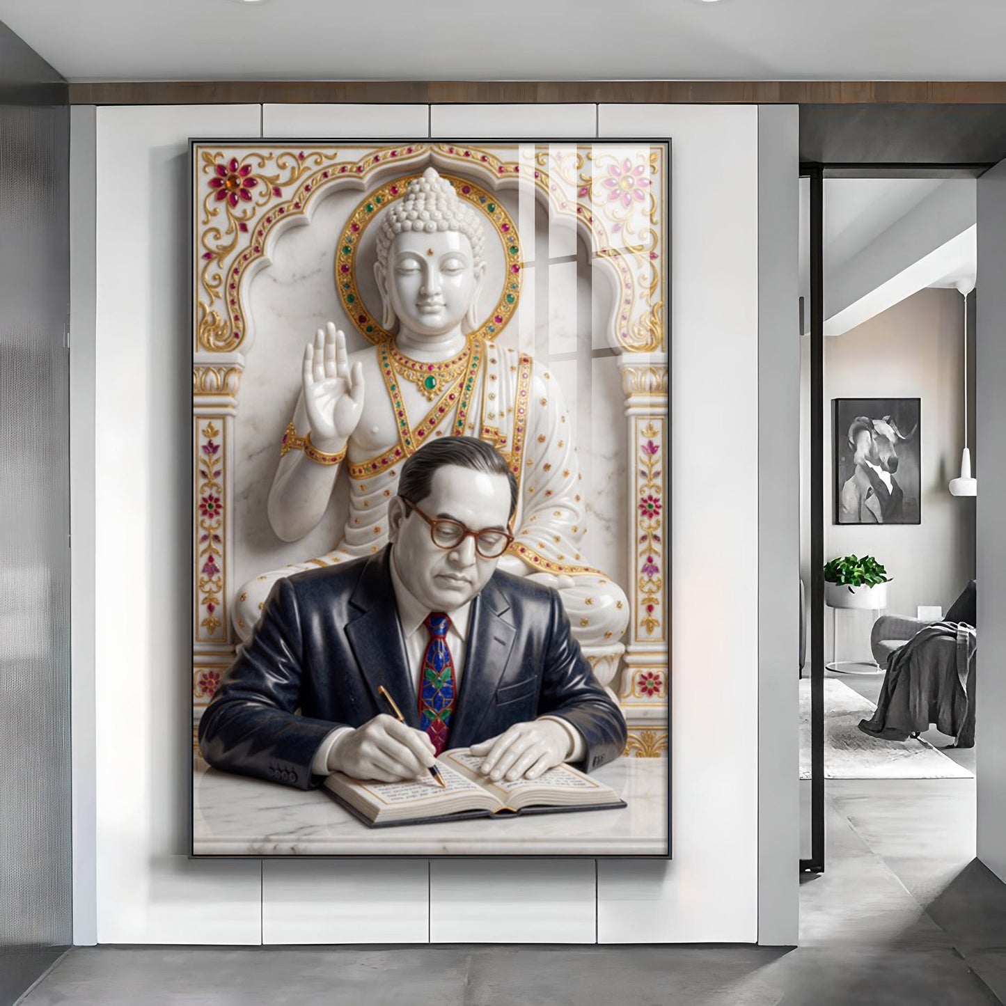 Dr. B.R. Ambedkar and Buddha Glass Finish Vertical Wall Art