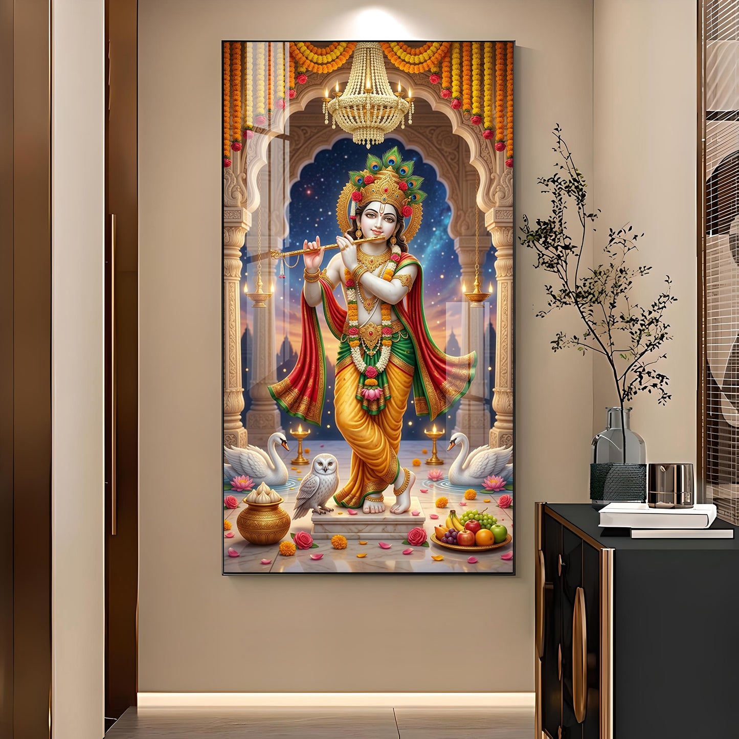 Divine Krishna With Flute Glass Finish Vertical Wall Art