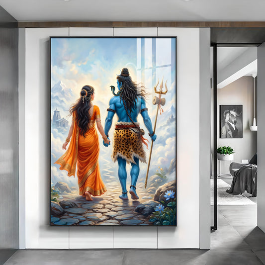 Divine Shiv Ji & Parvati Glass Finish Vertical Wall Art