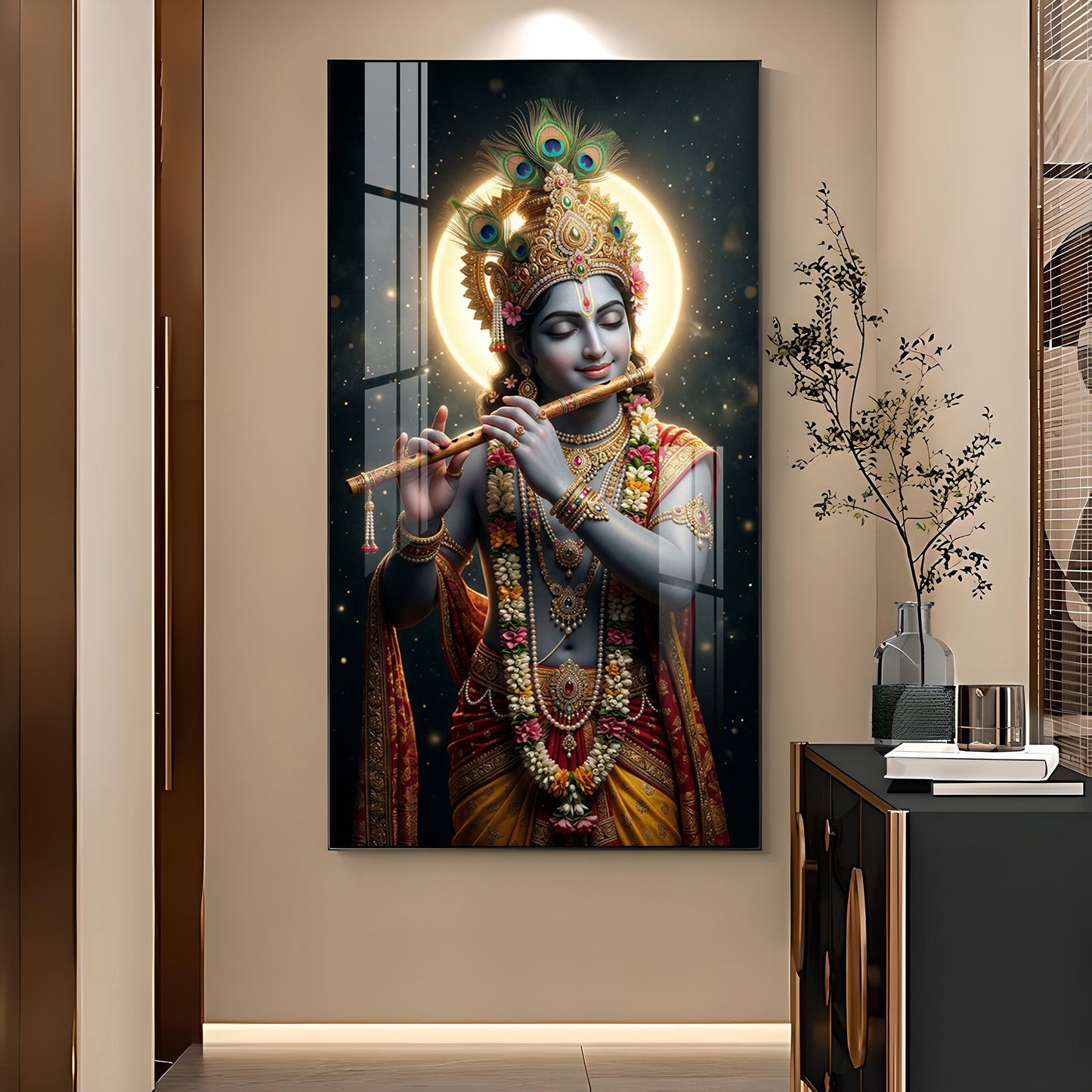 Divine Hare Krishna Glass Finish Vertical Wall Art