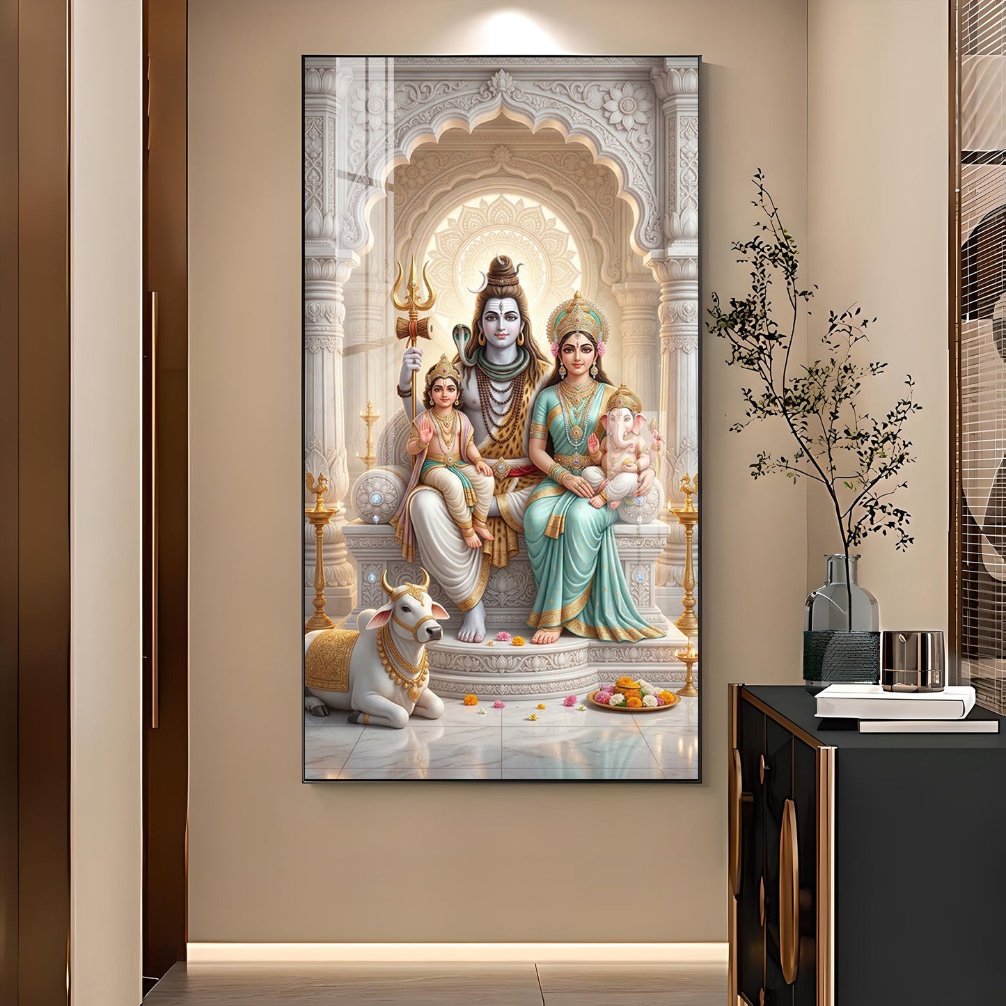 Shiva Parivar Glass Finish Vertical Wall Art