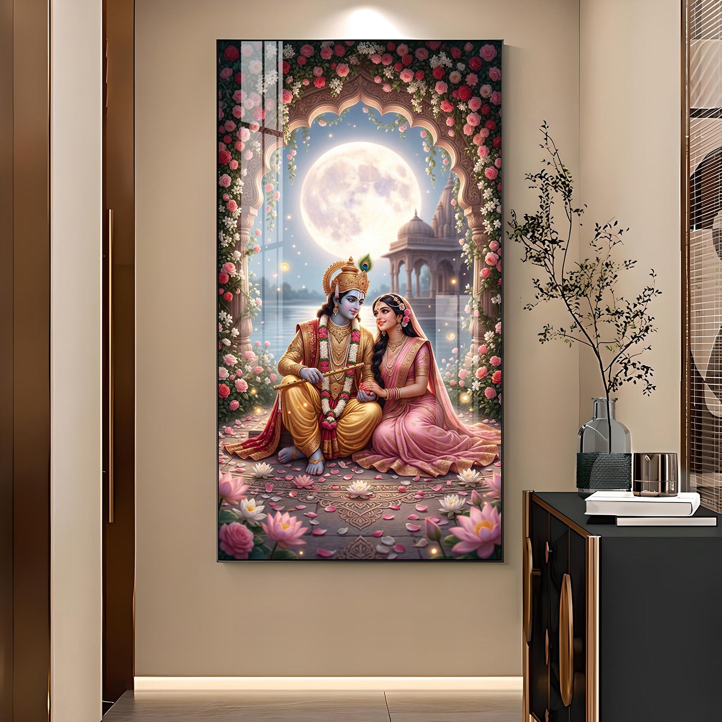 Religious Shri Radhe Krishna Glass Finish Vertical Wall Art