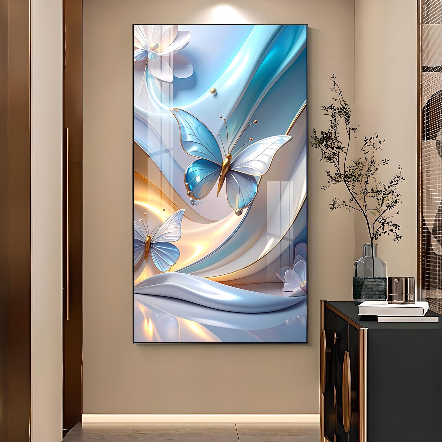 Enchanted Blue Flutter Glass Finish Vertical Wall Art