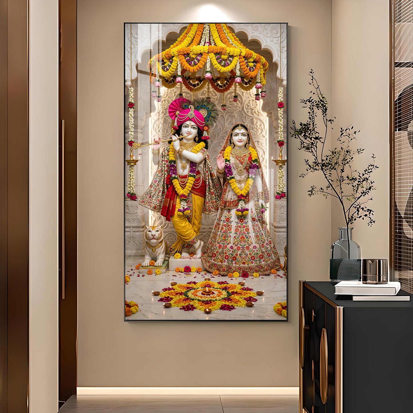 Divine Radha and Krishna Glass Finish Vertical Wall Art