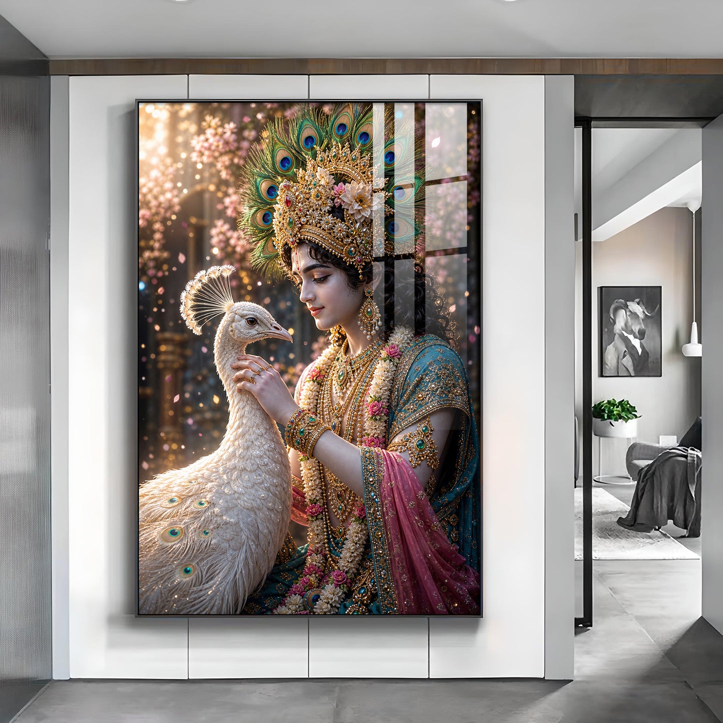 Shree Krishna With Peacock Glass Finish Vertical Wall Art