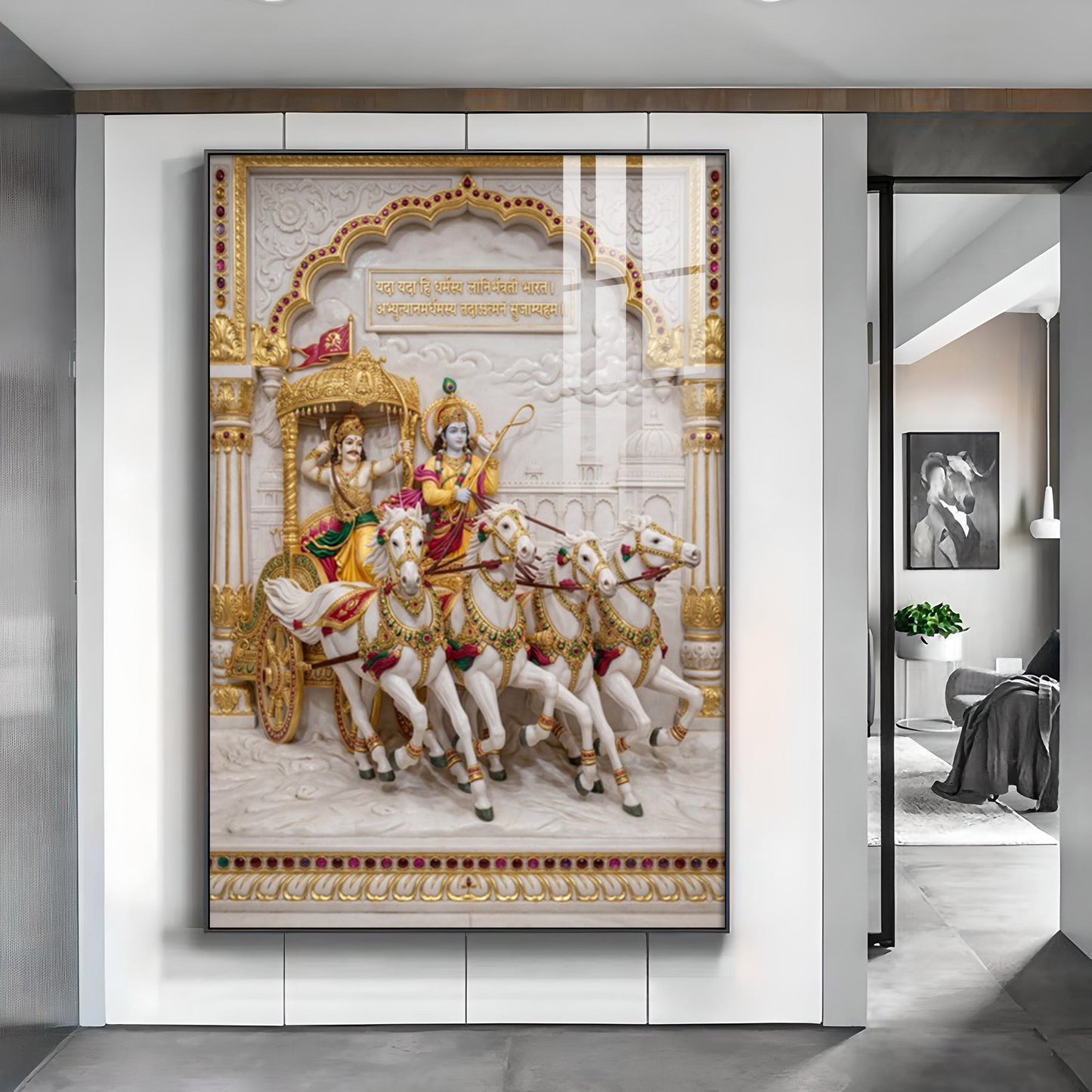 Krishna & Arjuna Chariot Glass Finish Vertical Wall Art