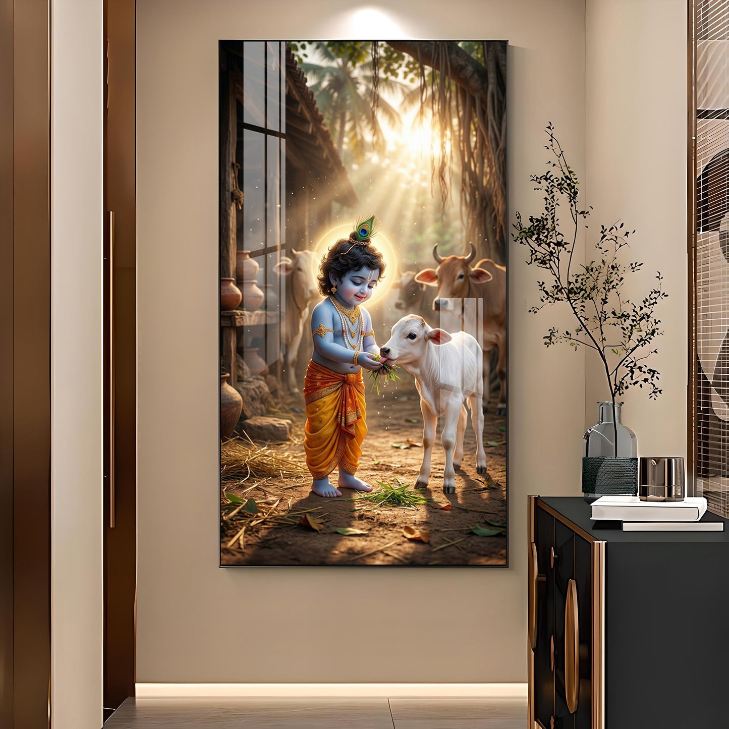 LIttle Krishna With Calf Glass Finish Vertical Wall Art