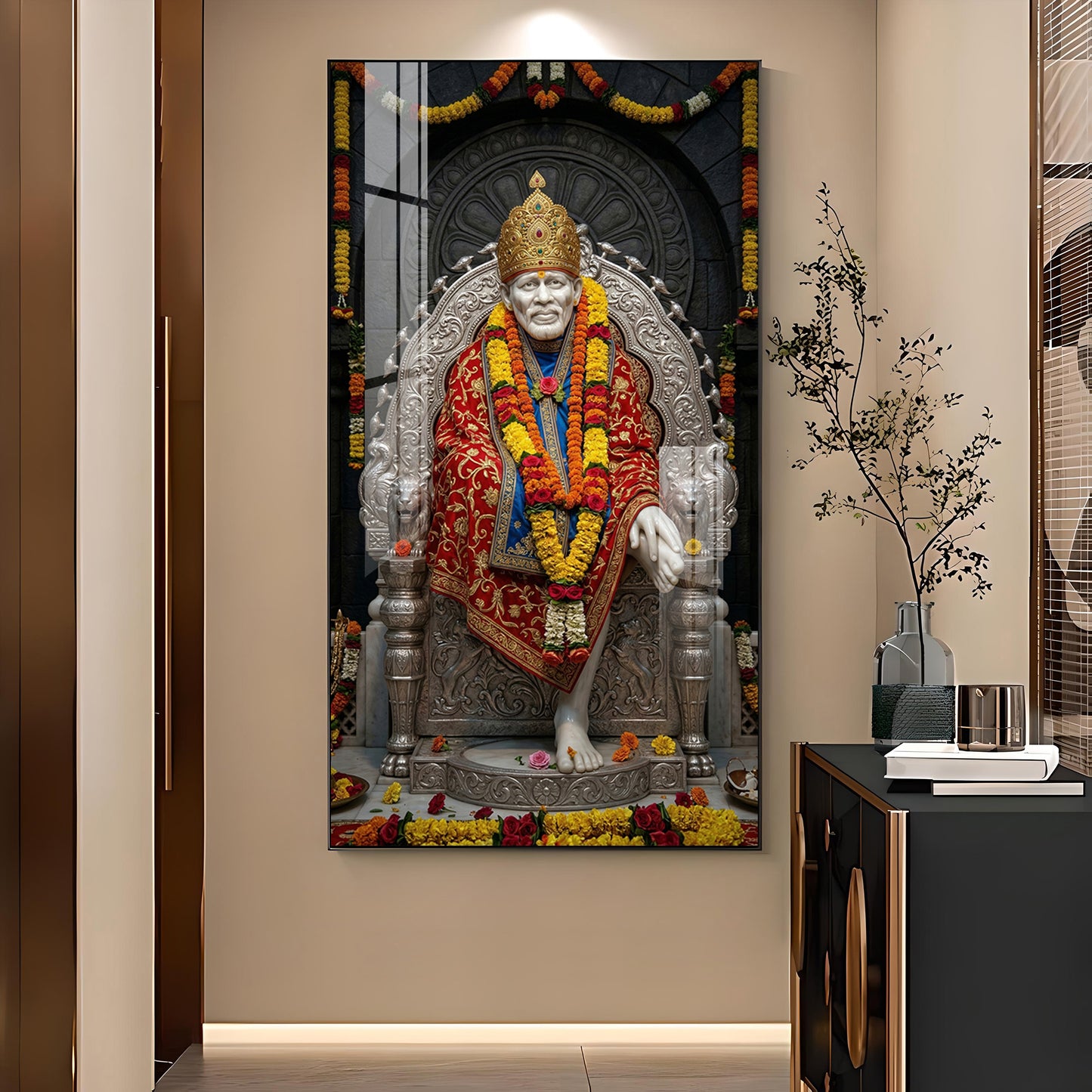 Sai Baba Blessings Glass Finish Vertical Wall Art