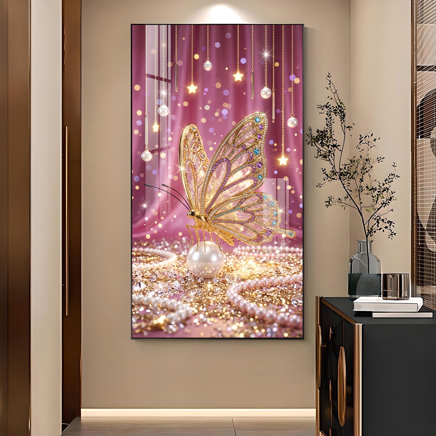 Elegant Pink Butterfly Glass Finish Vertical Wall Art