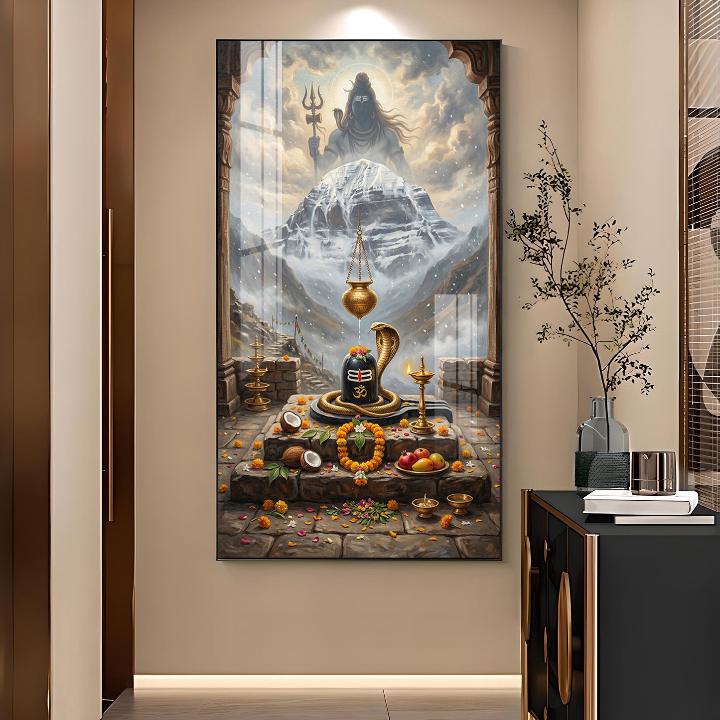 Lord Shiva Shivlingam Glass Finish Vertical Wall Art