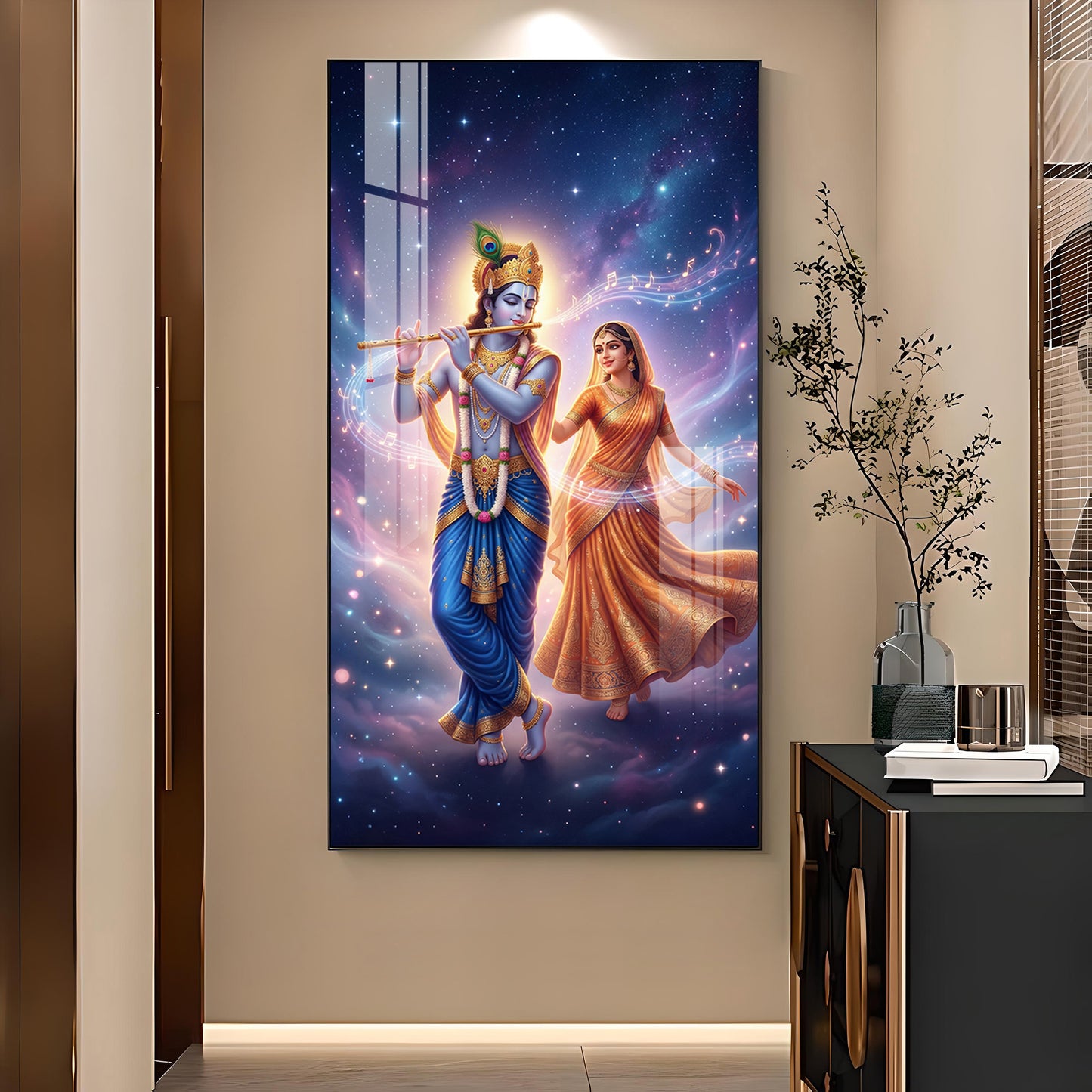 Radha Krishna Divine Glass Finish Vertical Wall Art