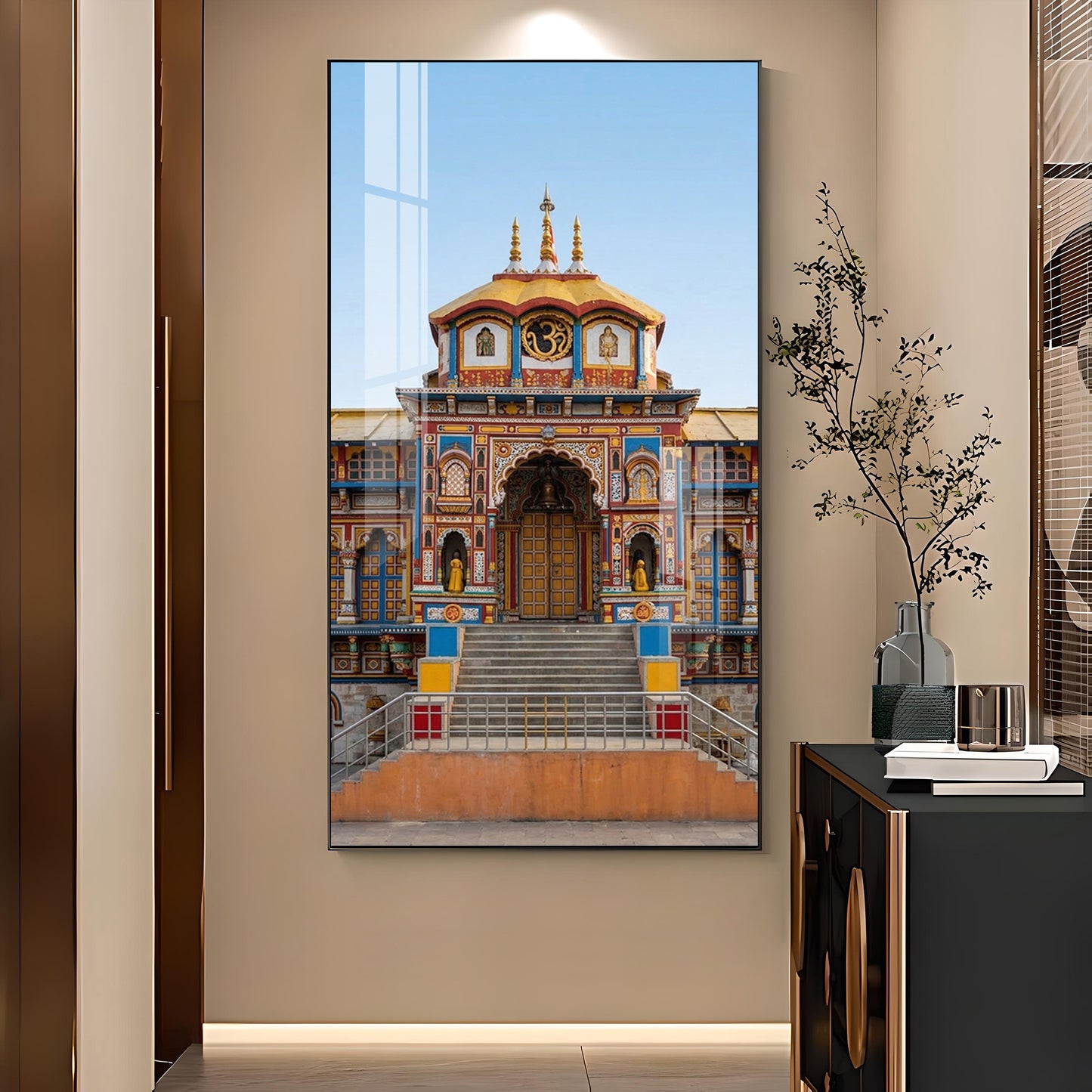 Badrinath Temple Glass Finish Vertical Wall Art
