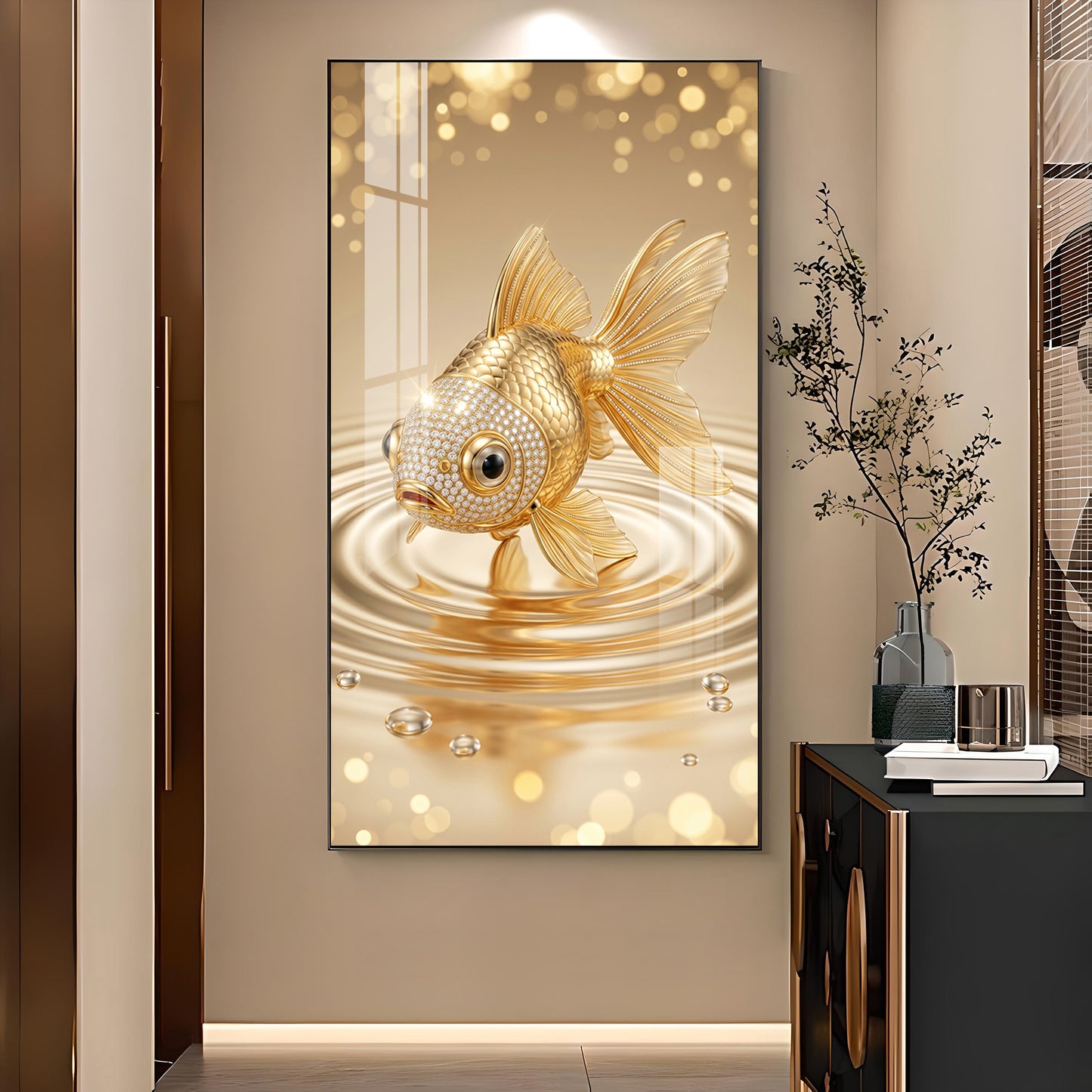 Lucky Golden Fish Glass Finish Vertical Wall Art