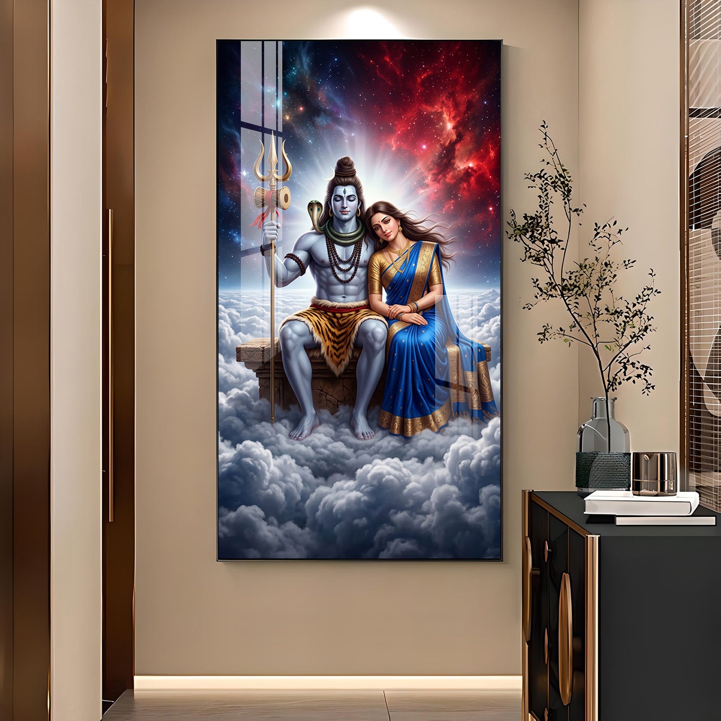 Hindu Deities Shiva & Parvati Glass Finish Vertical Wall Art