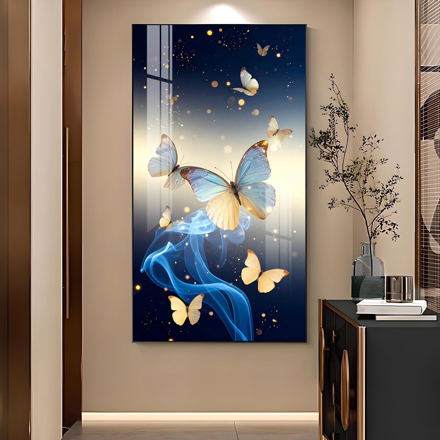 Azure Butterfly Dance Glass Finish Vertical Wall Art