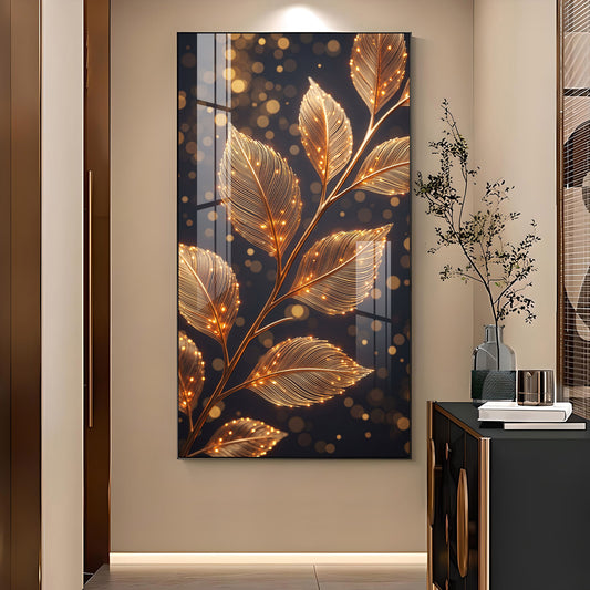 Sparkle Gold Foliage Leaves Glass Finish Vertical Wall Art