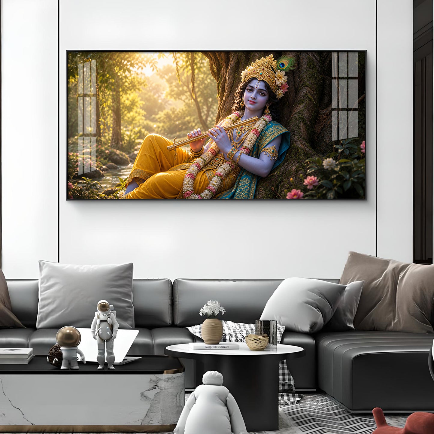 Lord Krishna Glass Finish Horizontal Wall Art