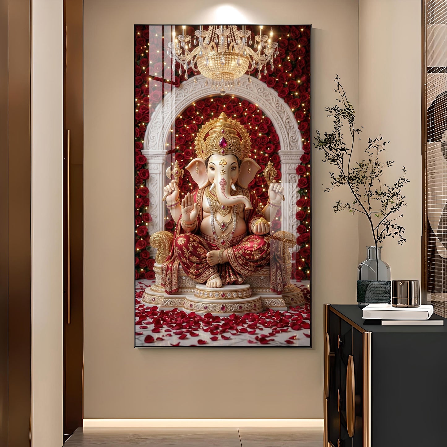 Divine Shree Ganesh Glass Finish Vertical Wall Art