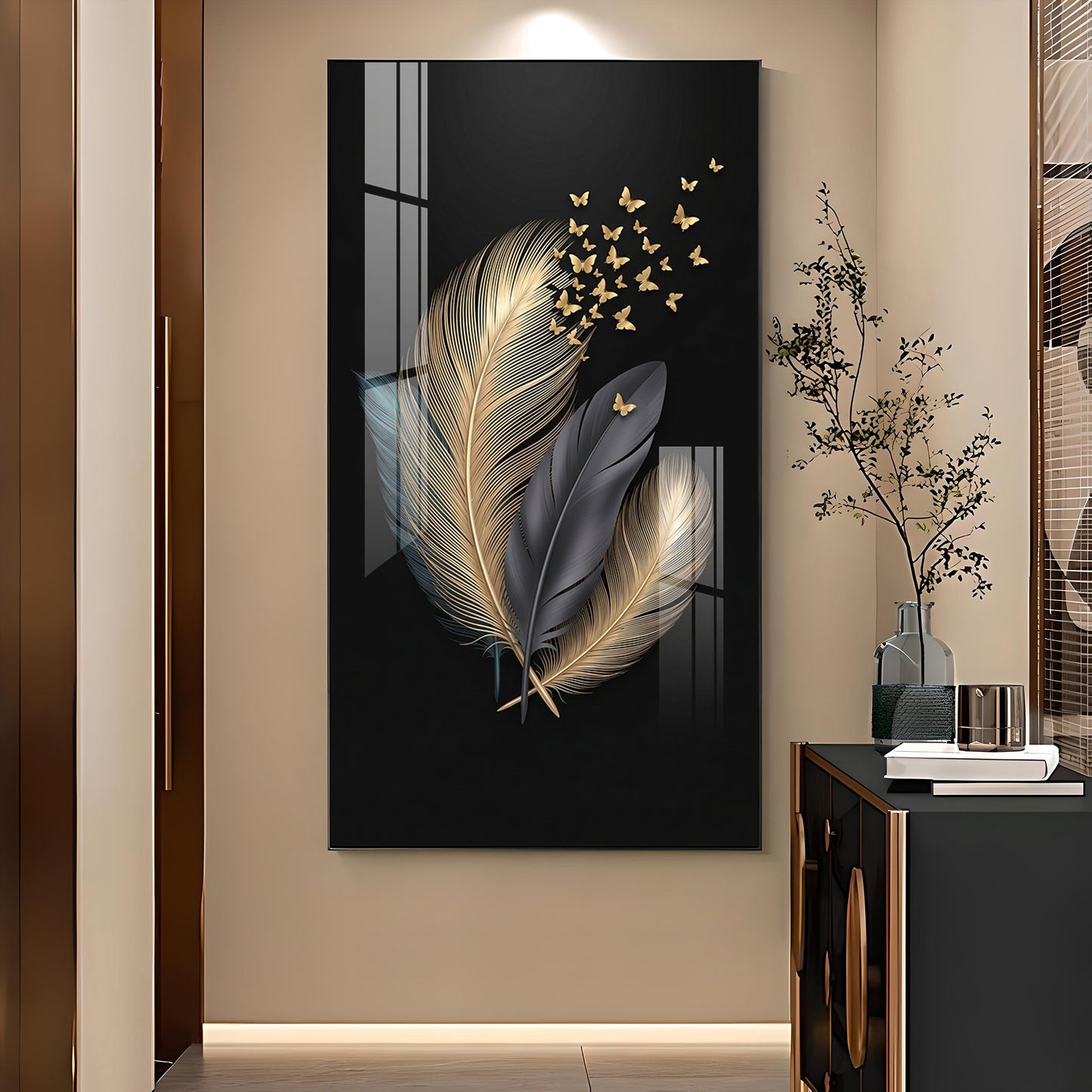Black & Gold Feathers With Delicate Butterflies Glass Finish Vertical Wall Art