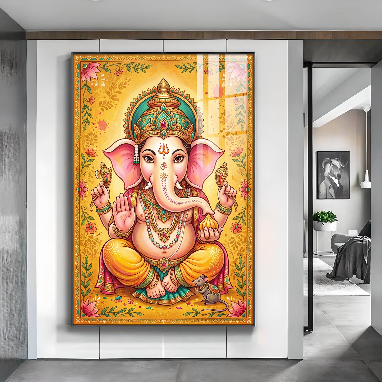 Shree Ganesh Bhagwan Glass Finish Vertical Wall Art