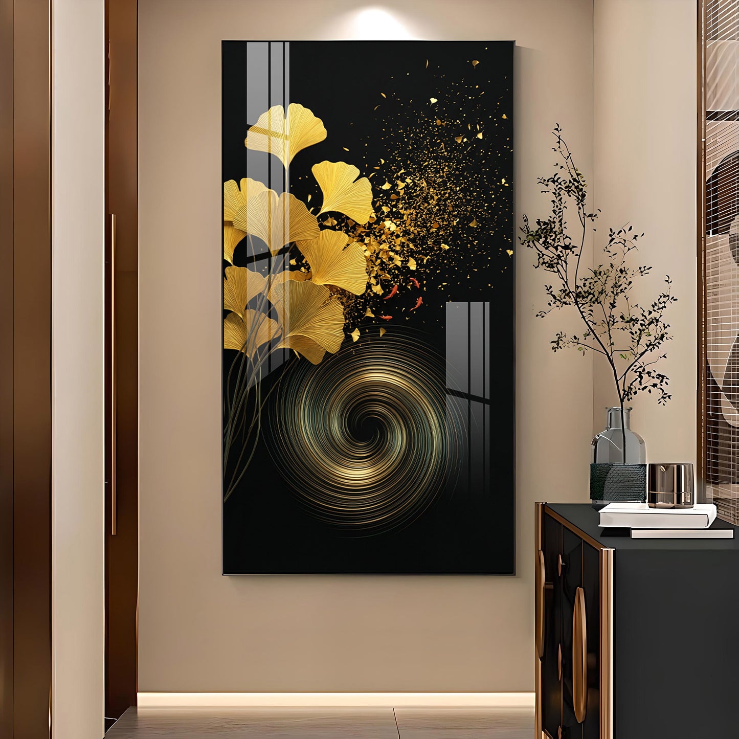 Gold Ginkgo Leaves Glass Finish Vertical Wall Art