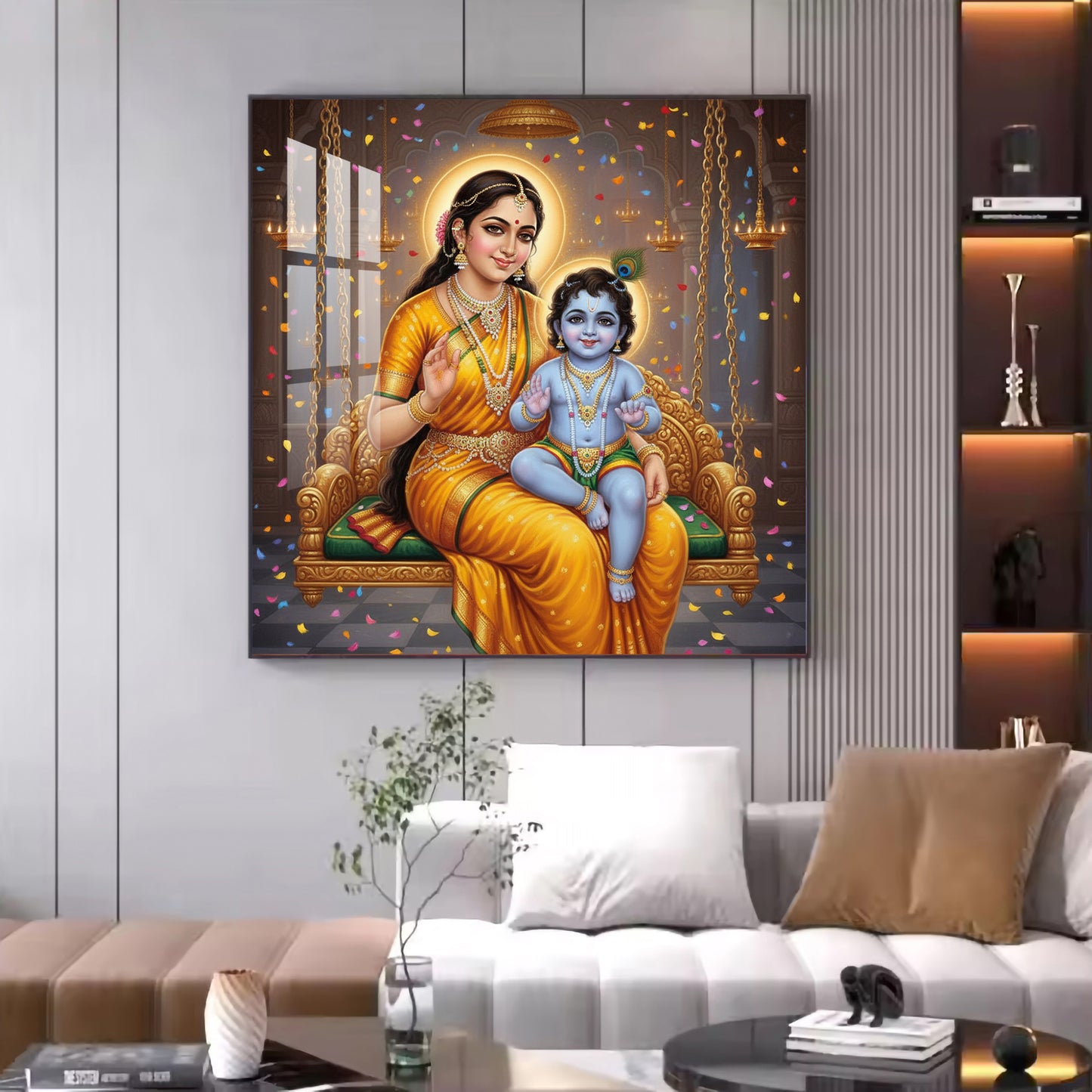 Little Kanha With Yashoda Maa Glass Finish Square Wall Art